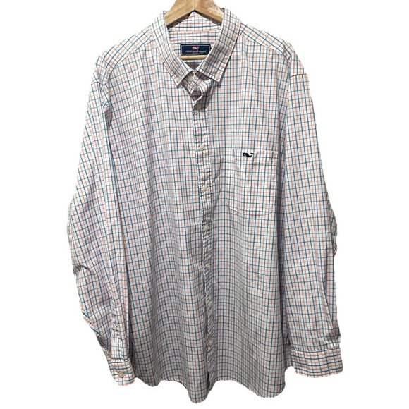 Vineyard Vines Men Shirt 2XB Blue Pink White Performance Nylon Blend Whale Logo - Picture 1 of 7